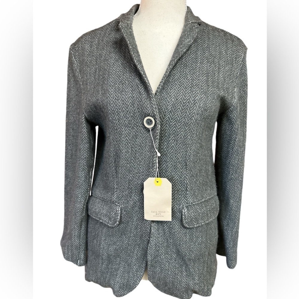 Zara Girls Soft Collection Grey Chevron Two Button Pockets Blazer S 11/12 NWT